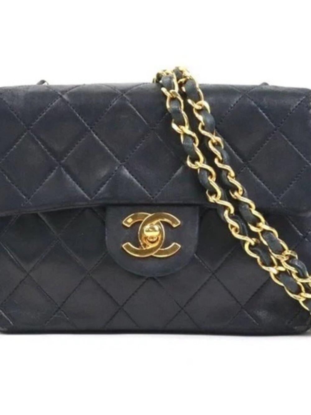 Auth CHANEL Matelasse Chain Shoulder Bag Black Lambskin/Goldtone - 90143a